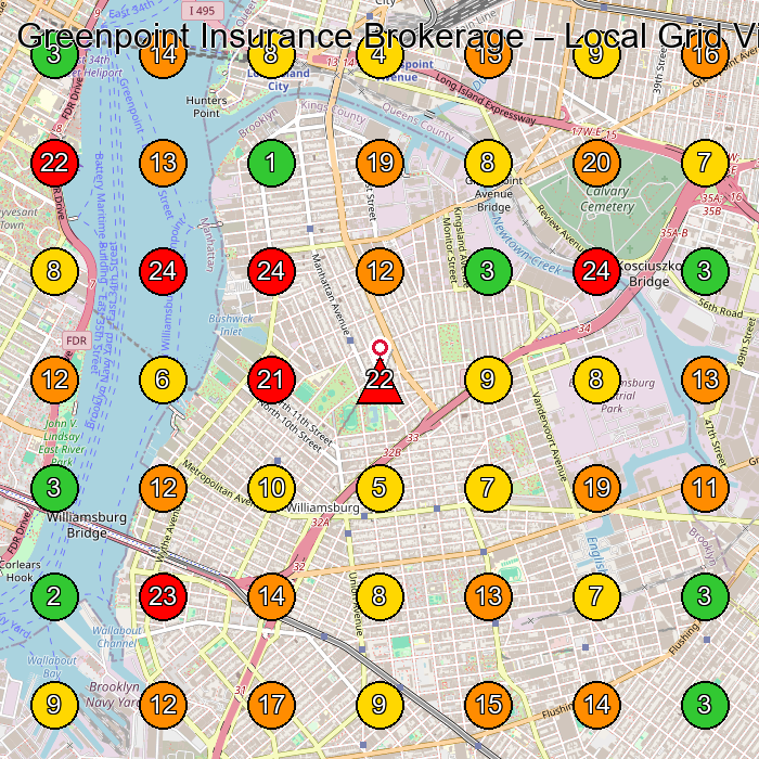 Greenpoint Insurance Brokerage Insurance Broker GeoGrid ranking map for Brooklyn NY